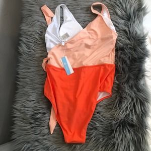 nwt cupshe orange pink color block tie one piece bathing suit swimsuit large